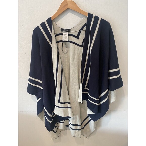 RALPH LAUREN Black label Women's Reversible Knit Striped Border Cape Sweater - Picture 1 of 5